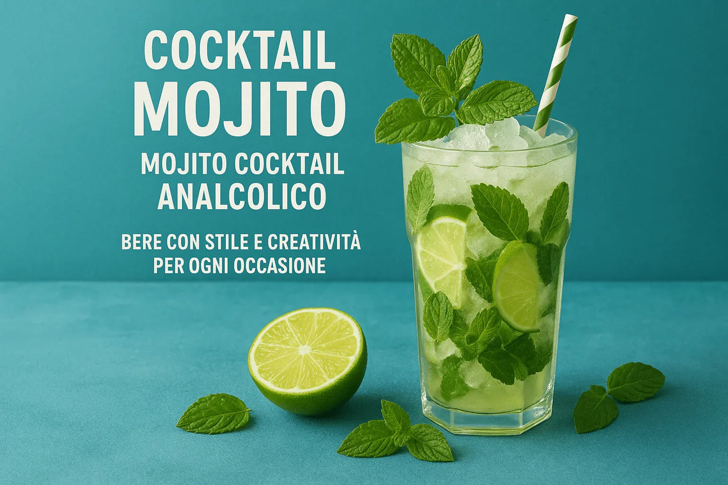 Cocktail mojito analcolico con lime, menta fresca e ghiaccio in bicchiere trasparente su sfondo turchese