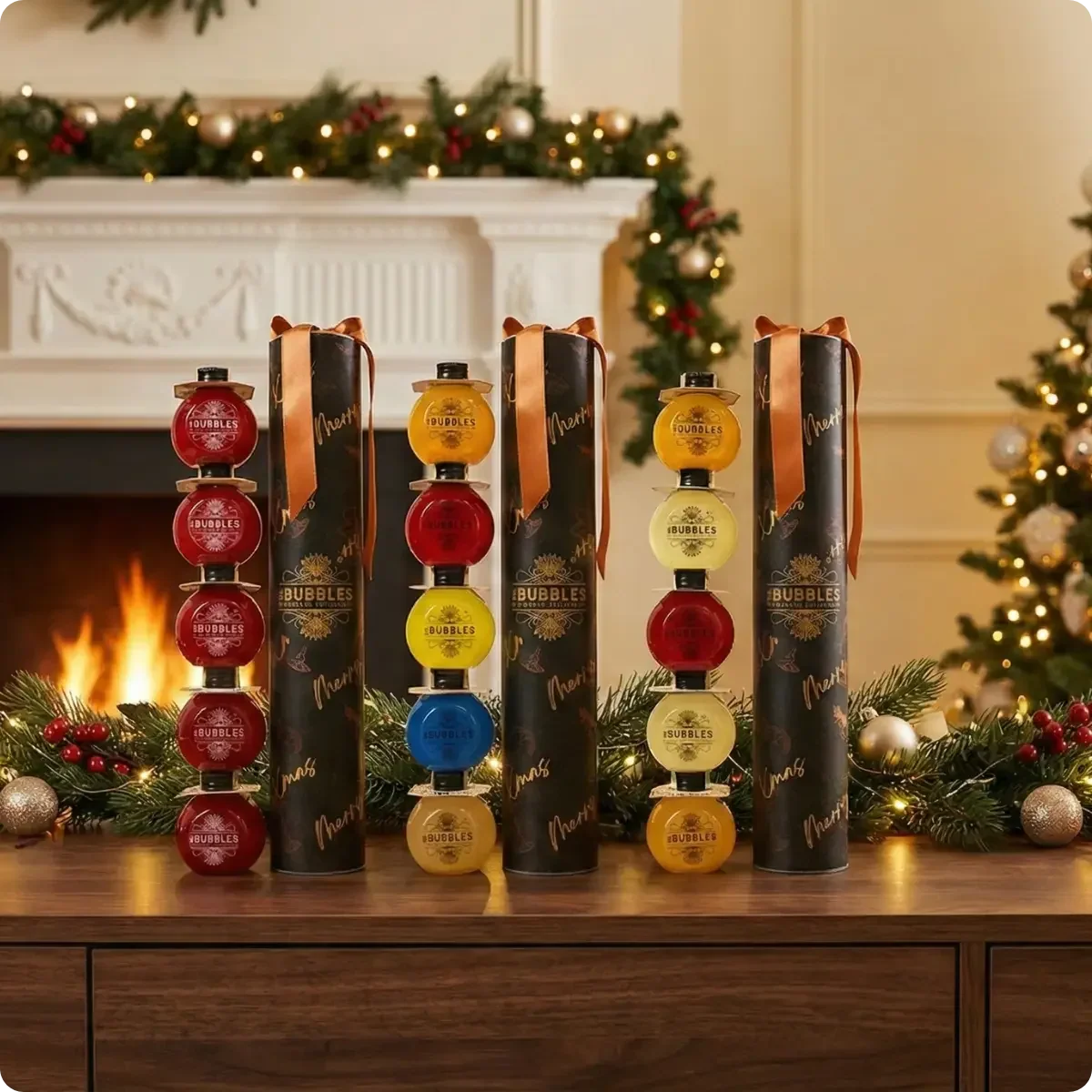 Set di cocktail di Natale colorati impilati accanto a confezioni regalo nere con fiocchi arancioni, decorazioni natalizie dietro