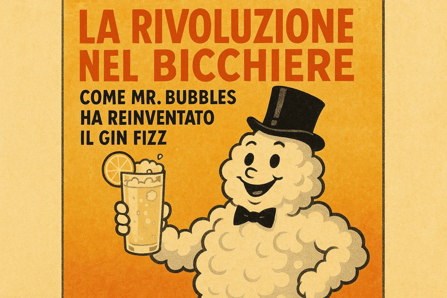 Illustrazione vintage di Mr. Bubbles con cappello a cilindro che tiene un bicchiere di Gin Fizz con fetta di limone