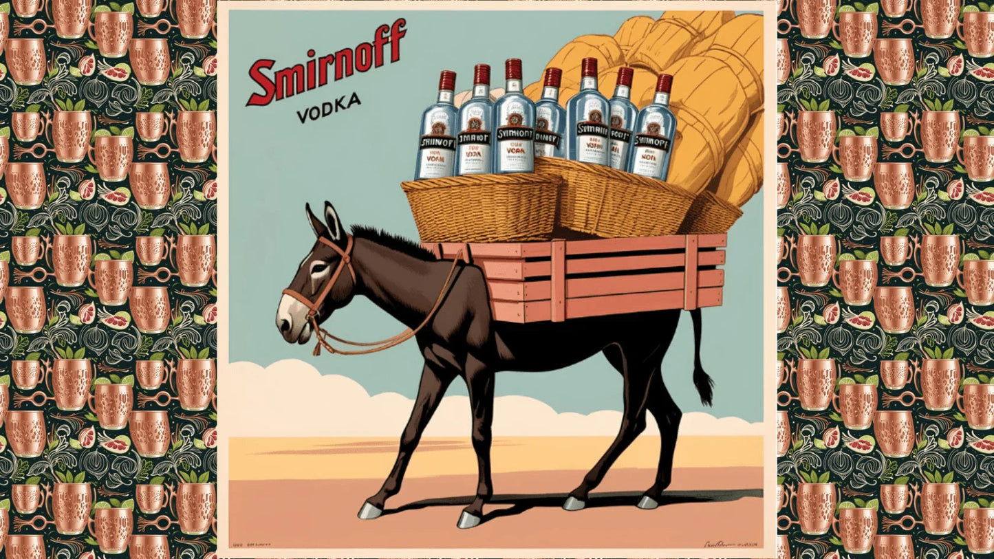 Poster vintage Smirnoff vodka con asino che trasporta bottiglie di vodka e grandi botti in cesti di legno