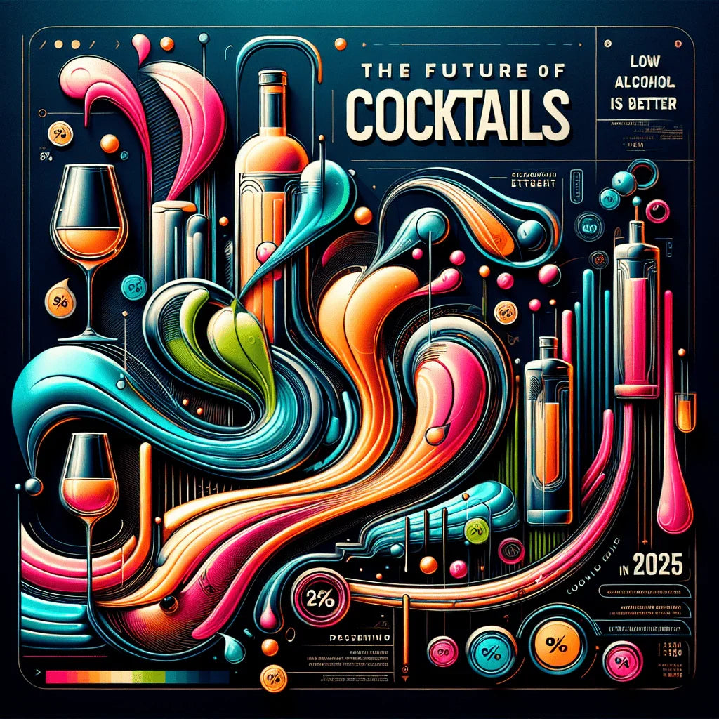 Illustrazione colorata e futuristica con bottiglie, bicchieri e grafici sul futuro dei cocktail a basso contenuto alcolico nel 2025