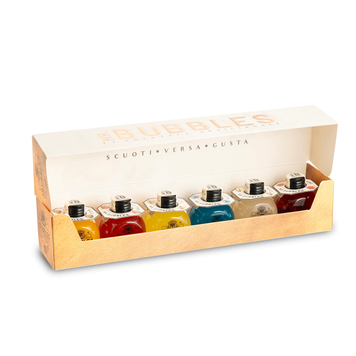 Confezione regalo cocktail artigianali Mr. Bubbles con sei bottiglie colorate aperta