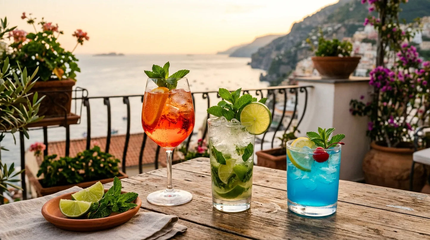 Cocktail estivi alcolici su una terrazza italiana al tramonto: spritz, mojito e blue lagoon