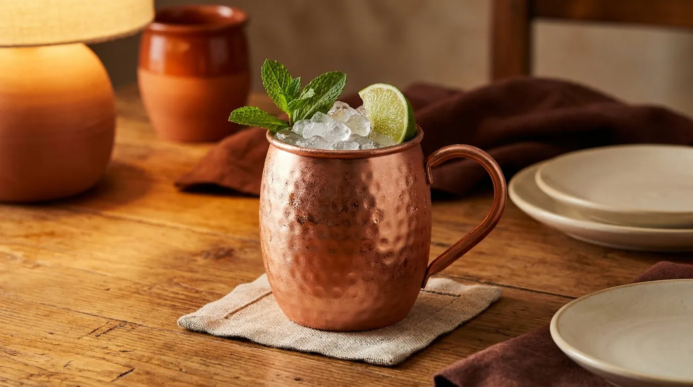 Moscow Mule servito nella tazza di rame ghiacciata con lime e menta
