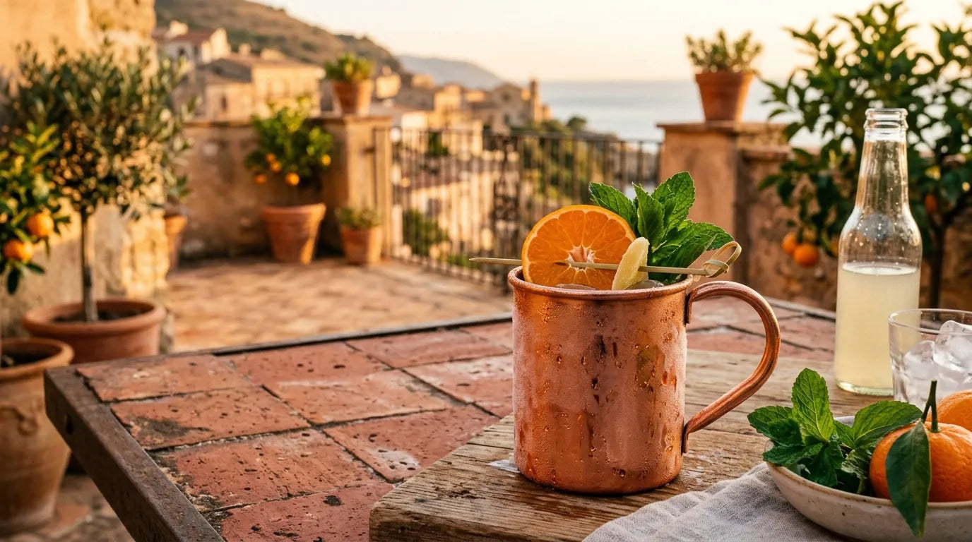 Cocktail Sicilian Mule nella copper mug con mandarino di Sicilia e zenzero su tavolo da terrazza