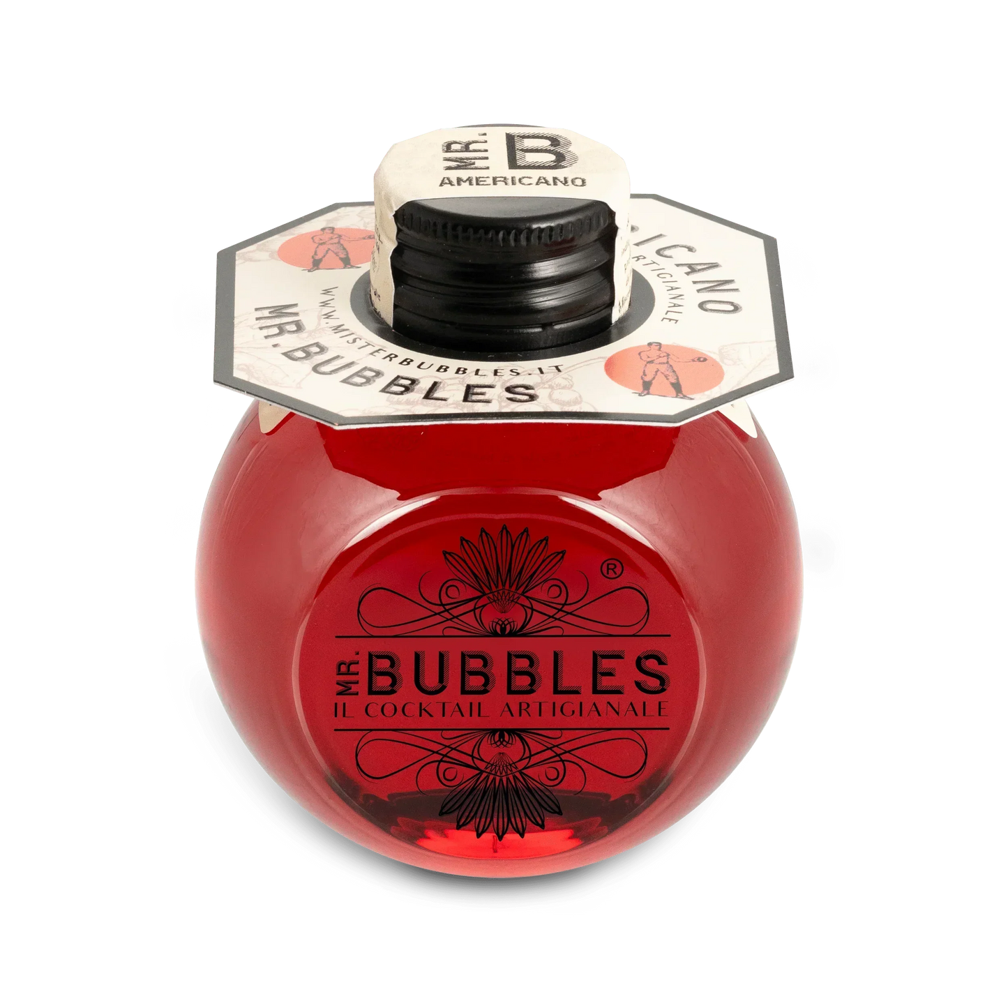 Bottiglia rossa tonda Mr. Bubbles cocktail artigianale Americano con tappo nero e etichetta bianca