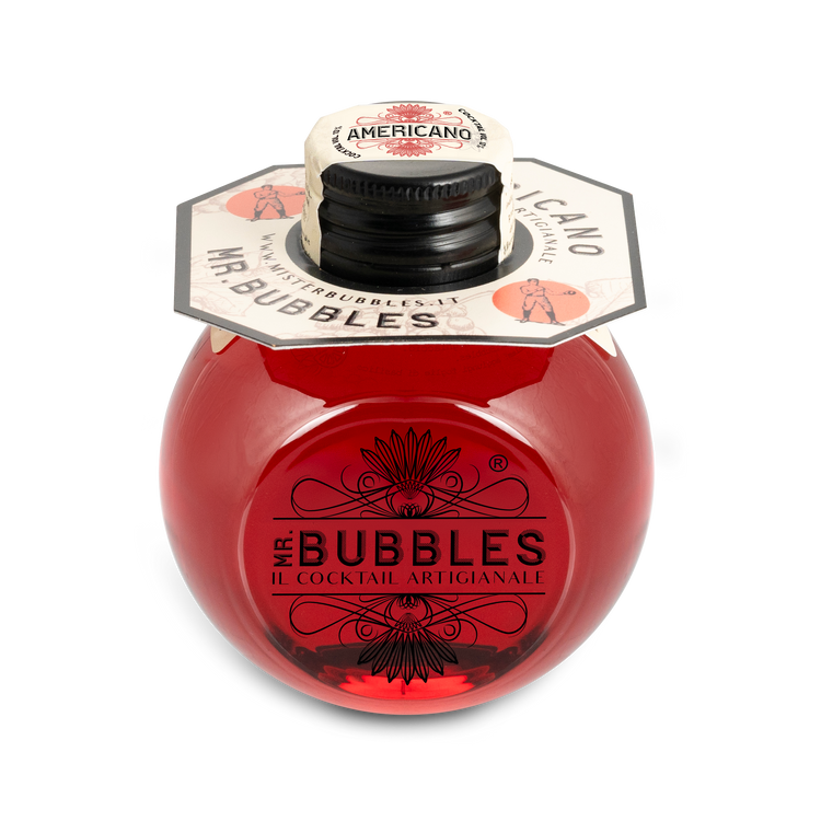 Bottiglia rossa tonda Mr. Bubbles cocktail artigianale Americano con tappo nero e etichetta bianca