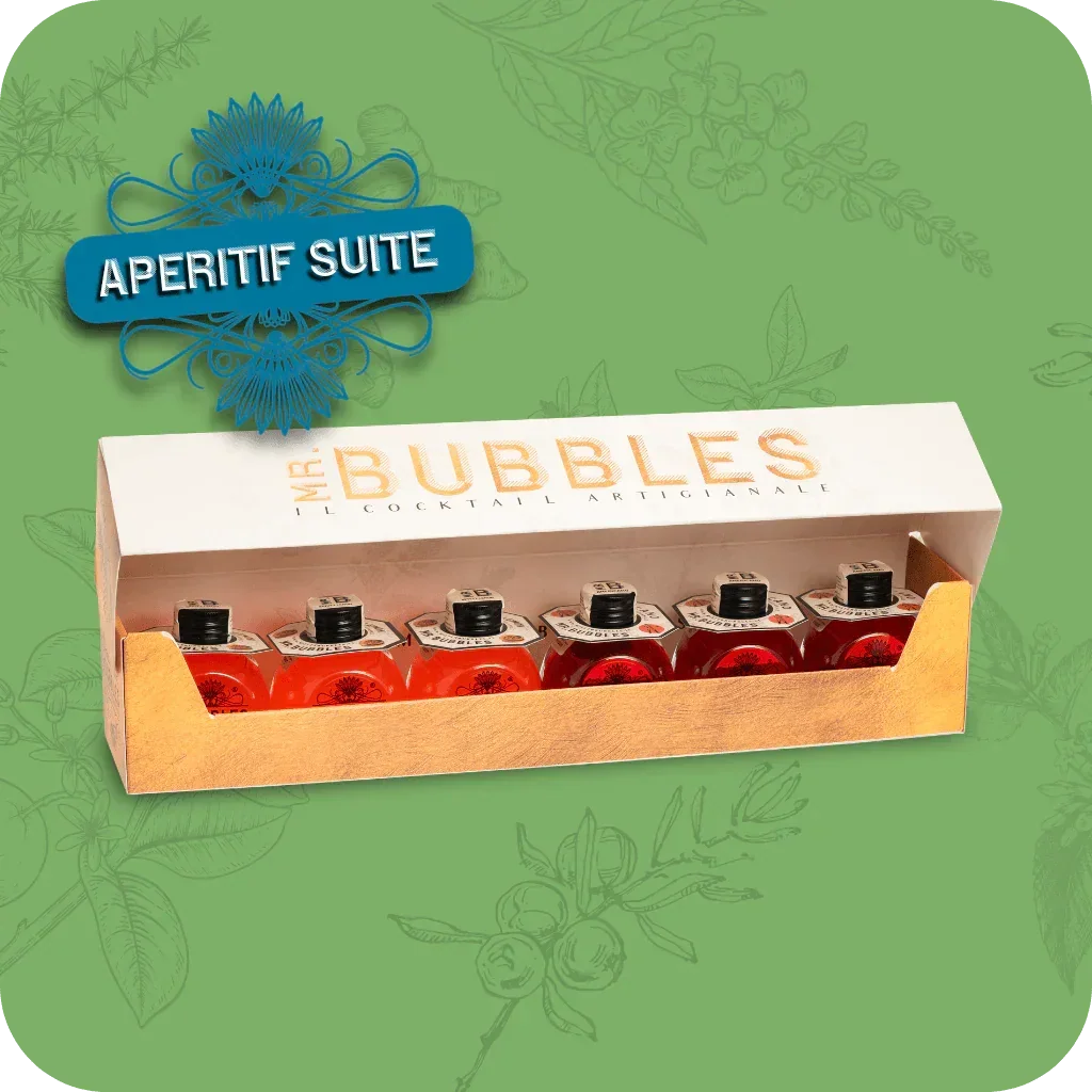 Set di sei mini bottiglie rosse Mr Bubbles in confezione bianca aperitif suite