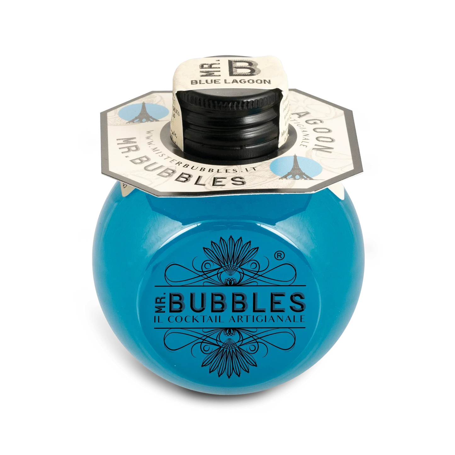 Bottiglia di cocktail artigianale Mr. Bubbles Blue Lagoon con liquido blu in contenitore rotondo