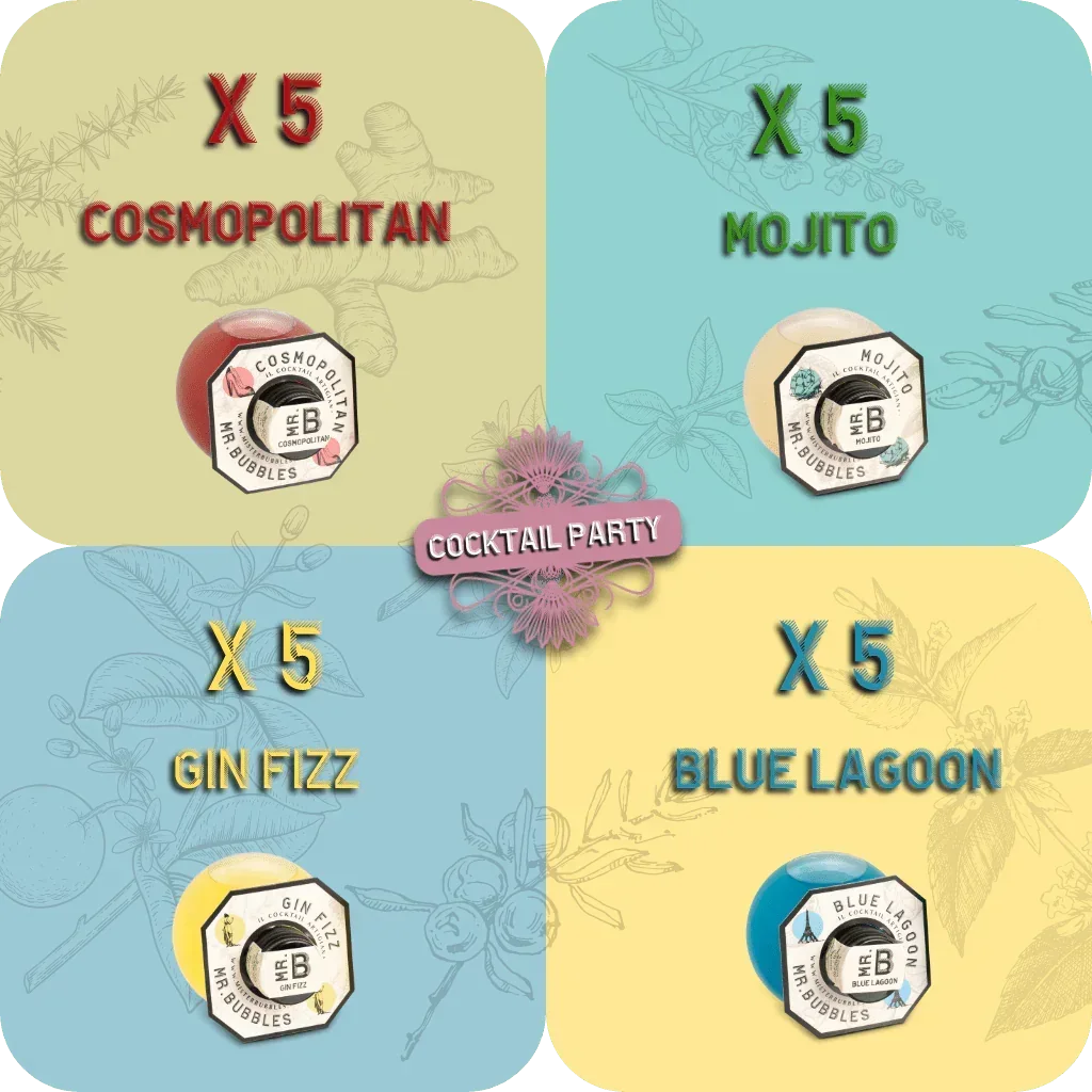 Set 5 cocktail Mr. Bubbles Cosmopolitan, Mojito, Gin Fizz, Blue Lagoon per festa cocktail