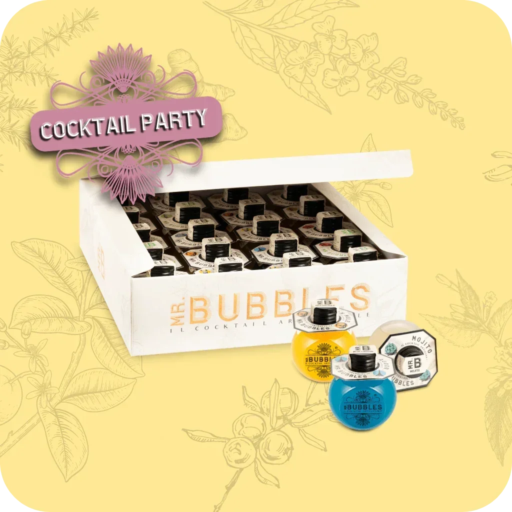 Confezione Mr. Bubbles con mini cocktail assortiti per cocktail party su sfondo giallo chiaro