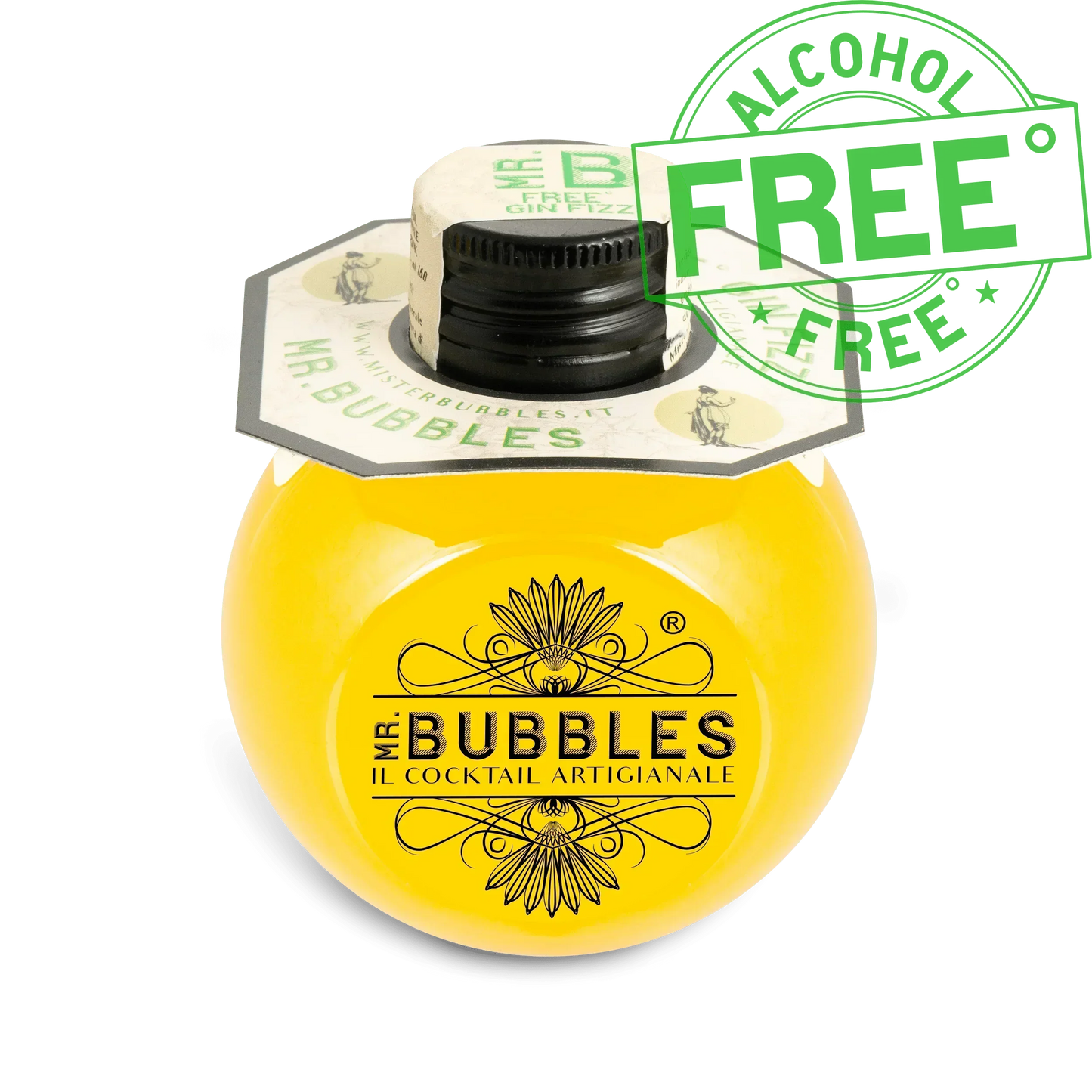Cocktail artigianale Mr. Bubbles giallo senza alcol bottiglia vista frontale sigillo