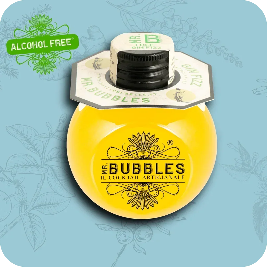 Cocktail analcolico Mr. Bubbles Free Gin Fizz in confezione monodose gialla con tappo nero