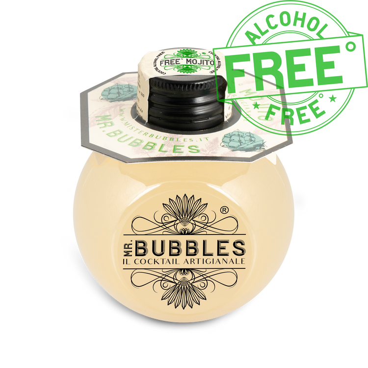 Bottiglia rotonda Mr. Bubbles cocktail artigianale Mojito analcolico con sigillo verde Free Alcohol