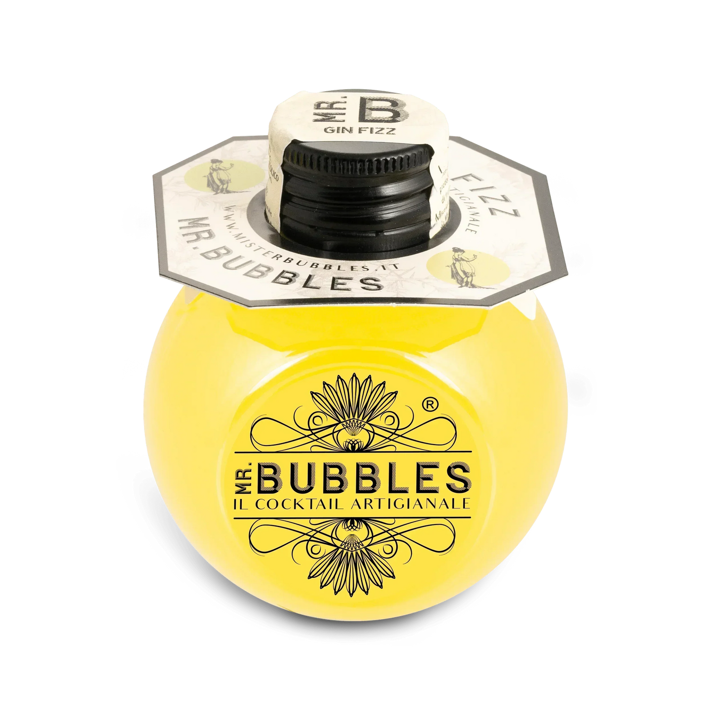 Bottiglia gialla Mr. Bubbles cocktail artigianale Gin Fizz con etichetta decorativa