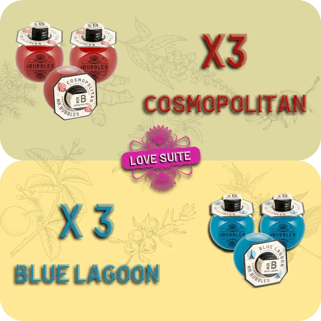 Confezione Love Suite con 3 cocktail Cosmopolitan rossi e 3 cocktail Blue Lagoon blu in bottiglie Mr. Bubbles