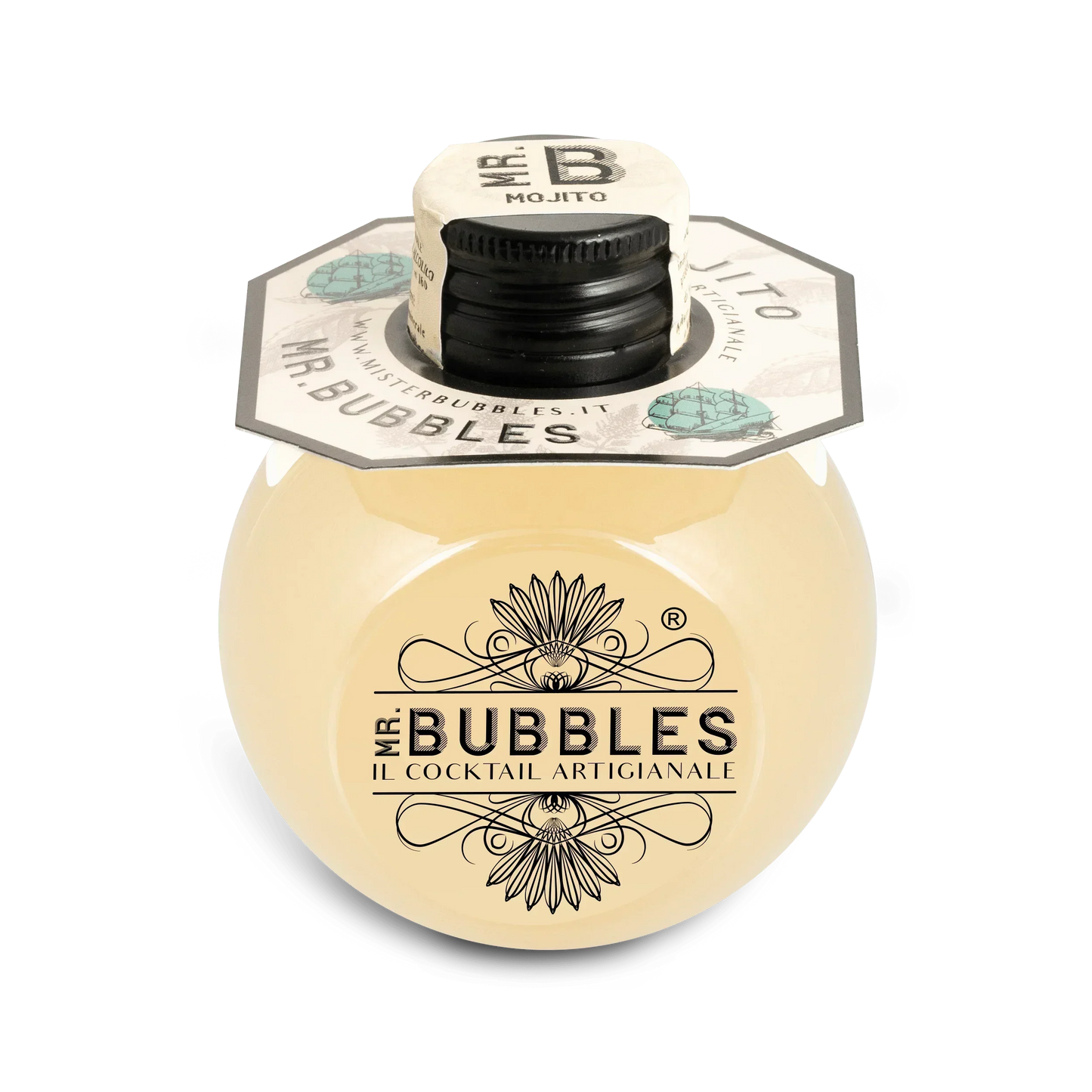 Bottiglia sferica cocktail artigianale Mr. Bubbles Mojito con tappo nero e etichetta decorativa