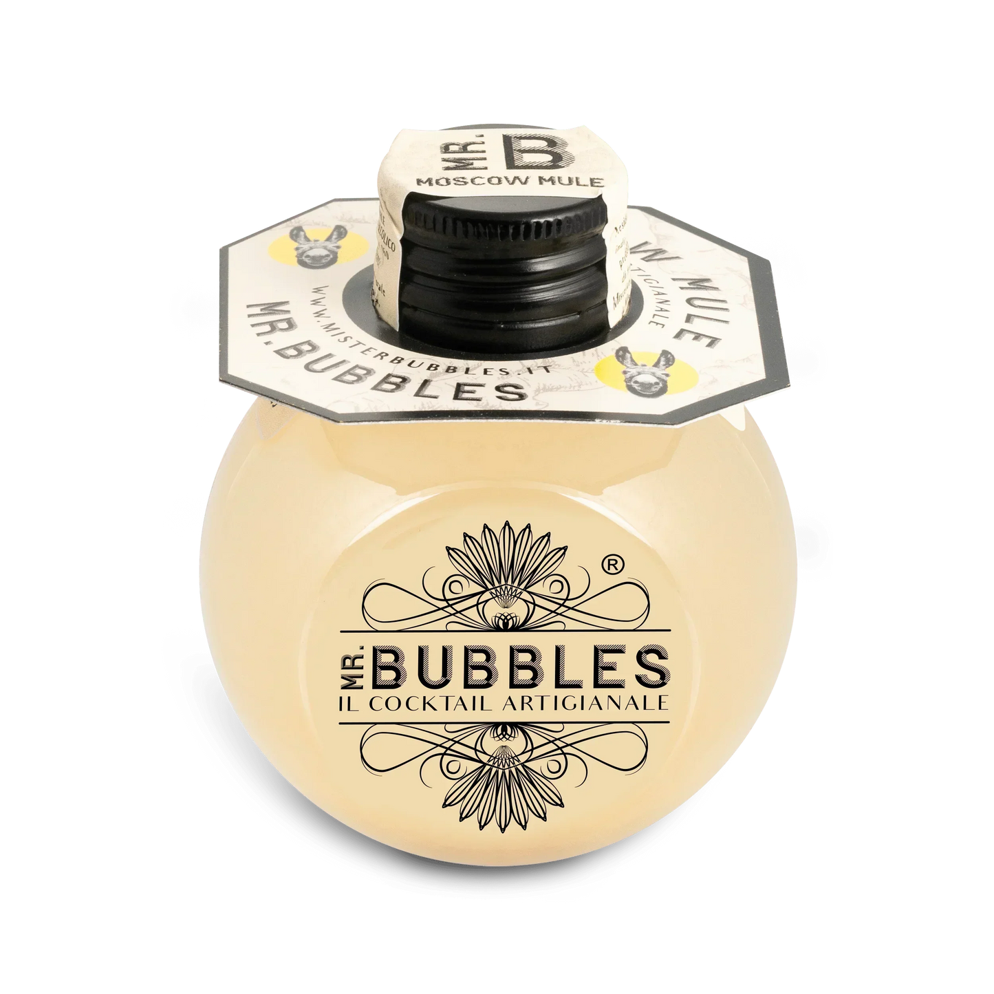 Bottiglia rotonda Mr. Bubbles Moscow Mule cocktail artigianale con etichetta nera e tappo nero