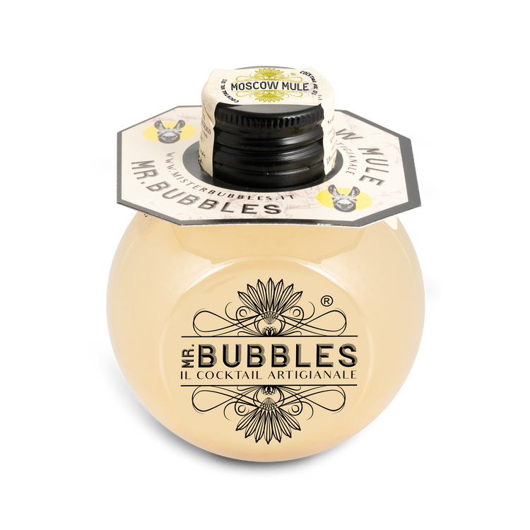 Bottiglia rotonda Mr. Bubbles Moscow Mule cocktail artigianale con etichetta nera e tappo nero