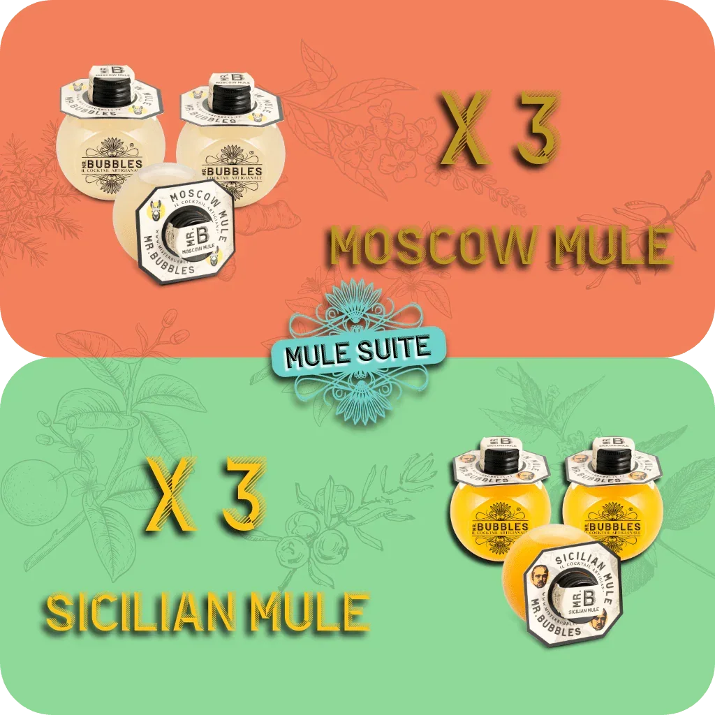 Confezioni da tre cocktail artigianali Mr Bubbles, Moscow Mule e Sicilian Mule su sfondi arancione e verde
