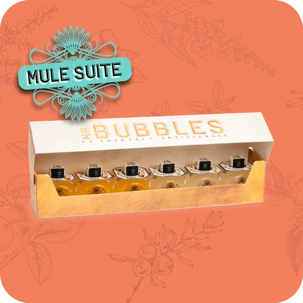 Confezione Mule Suite Mr. Bubbles con sei cocktail artigianali in bottigliette trasparenti su sfondo arancione