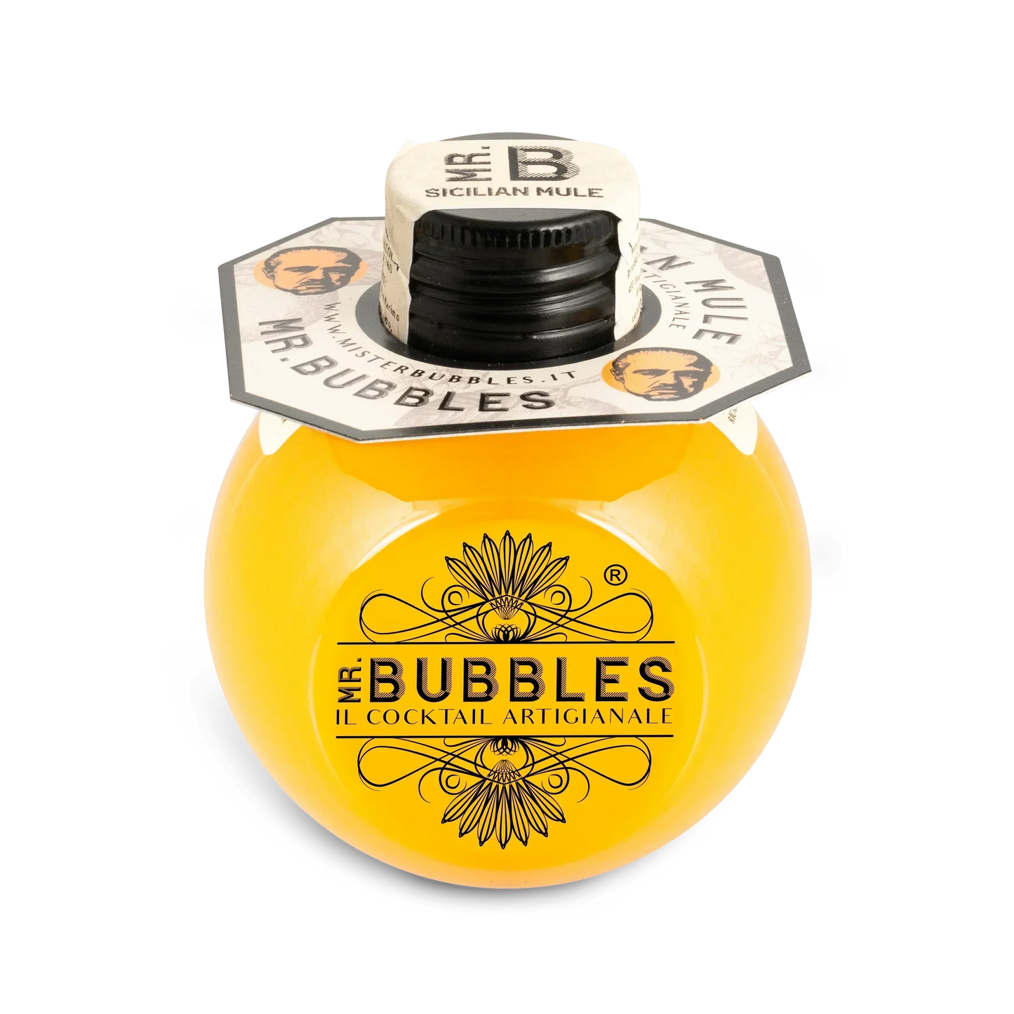 Bottiglia rotonda di cocktail artigianale Mr. Bubbles Sicilian Mule con liquido arancione
