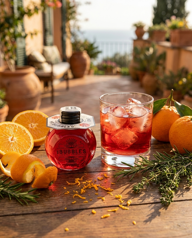 Americano Mr. Bubbles con arancia ed erbe, aperitivo italiano in terrazza