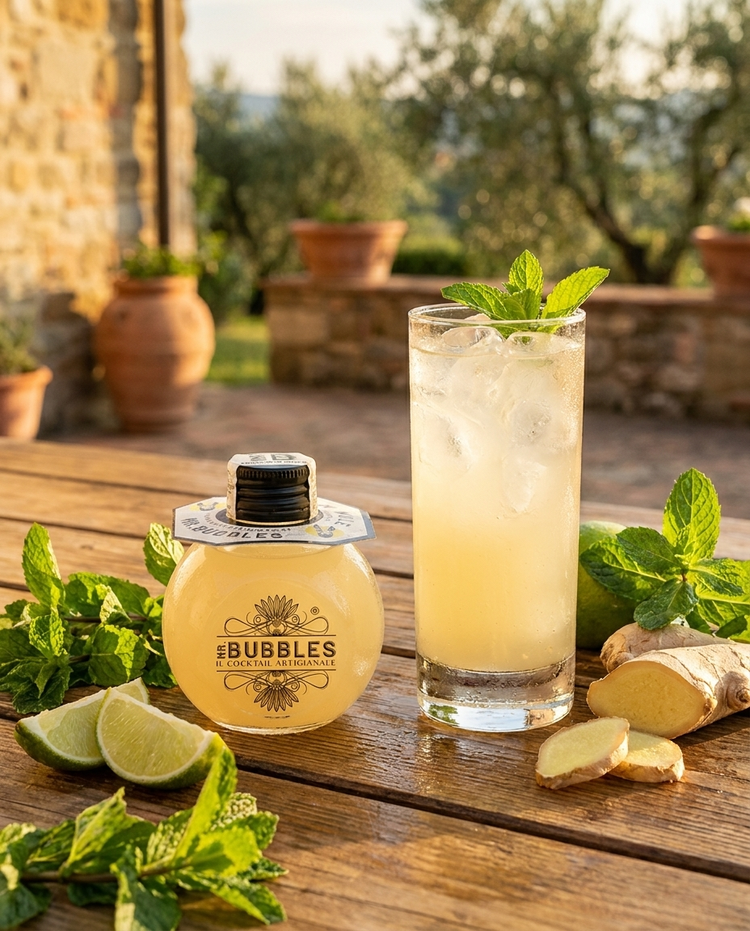 Moscow Mule Mr. Bubbles con lime e zenzero fresco, scena aperitivo