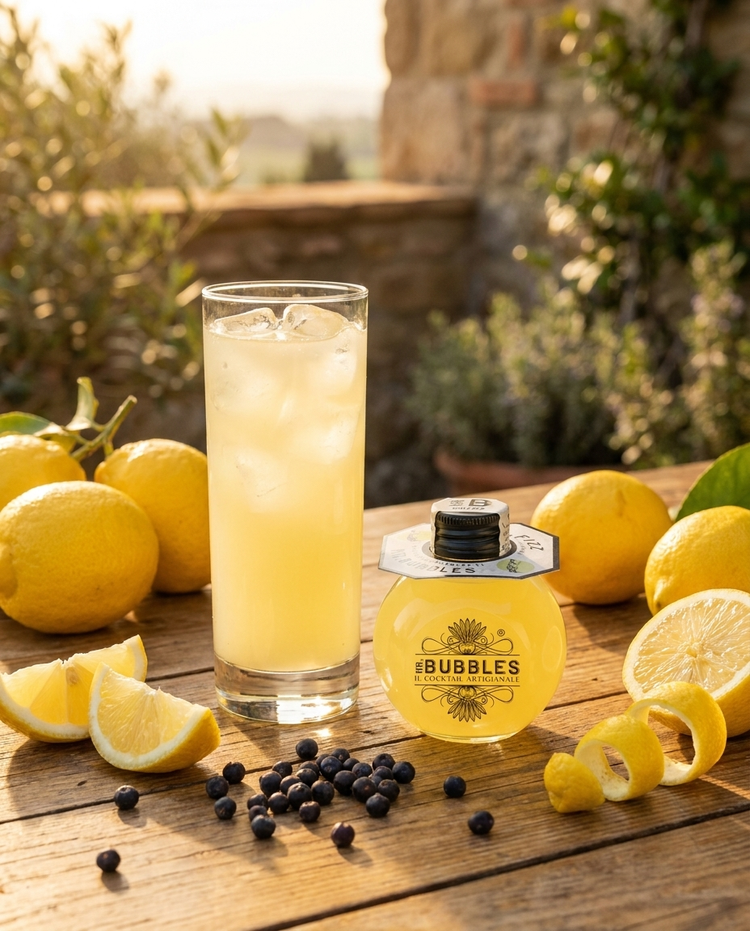 Gin Fizz Mr. Bubbles con limoni e bacche di ginepro, aperitivo classico