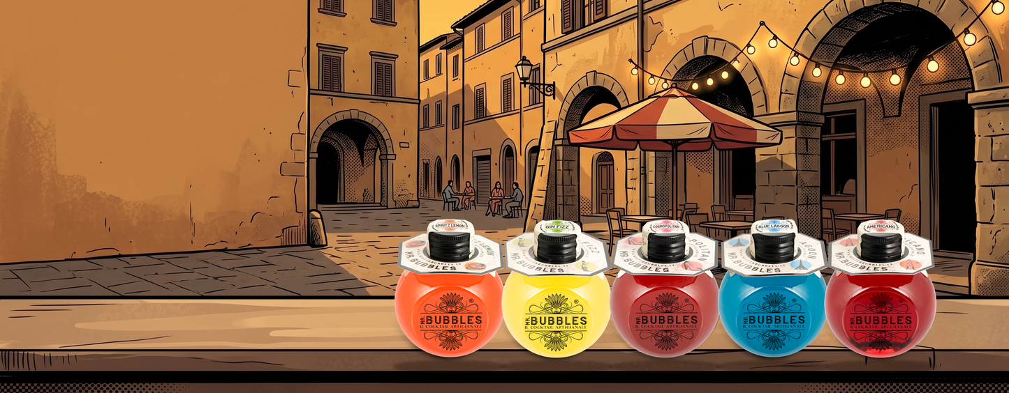 Piazza italiana illustrata a fumetto con i cocktail Mr. Bubbles su una mensola
