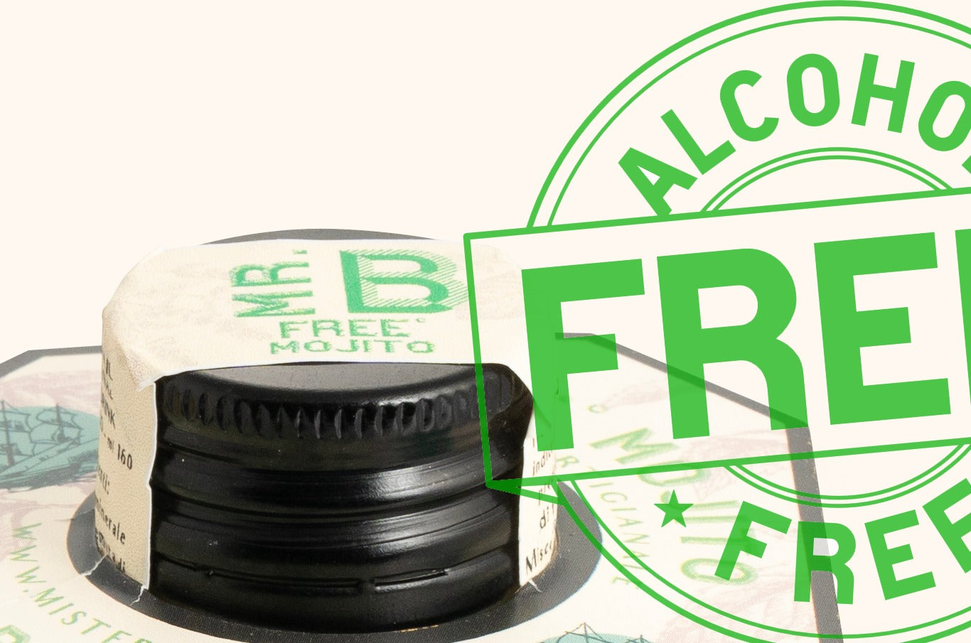 Dettaglio tappo Free° Mojito Mr. Bubbles, bottiglia sferica monodose
