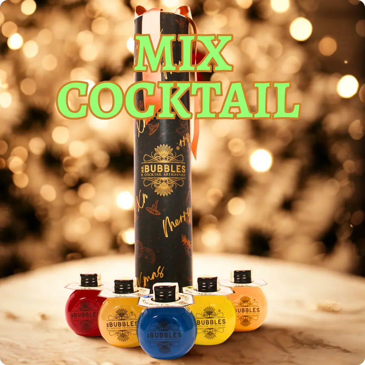 Confezione regalo Mix Cocktail Mr Bubbles con cinque mini bottiglie colorate su sfondo luci natalizie
