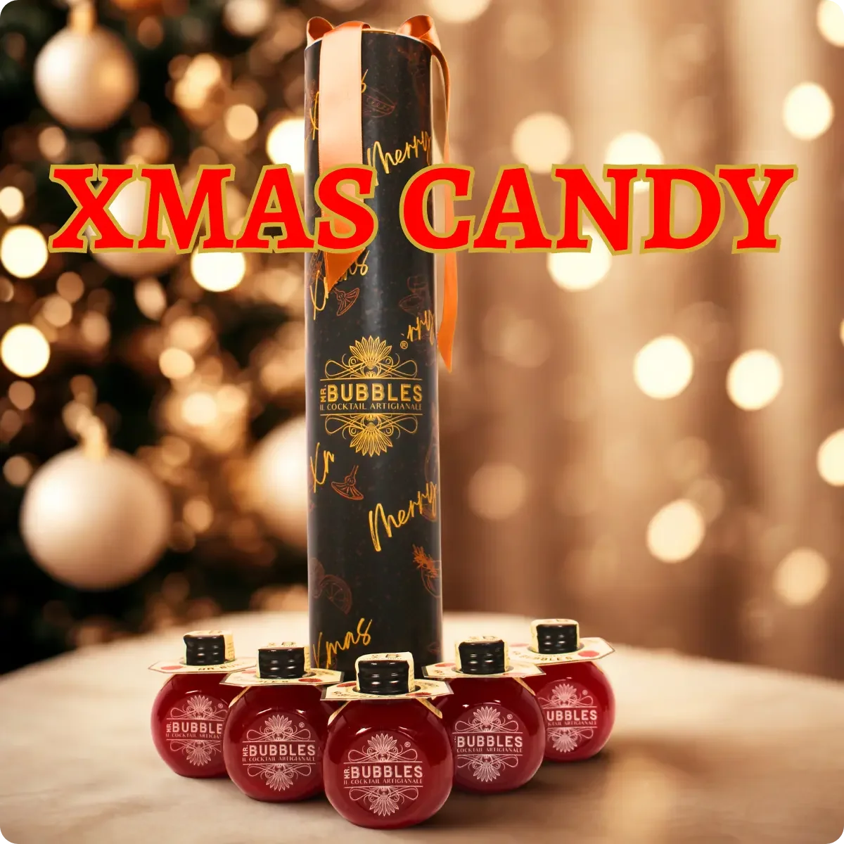 Confezione regalo natalizia Mr. Bubbles con cinque mini bottiglie rosse e sfondo con luci di Natale