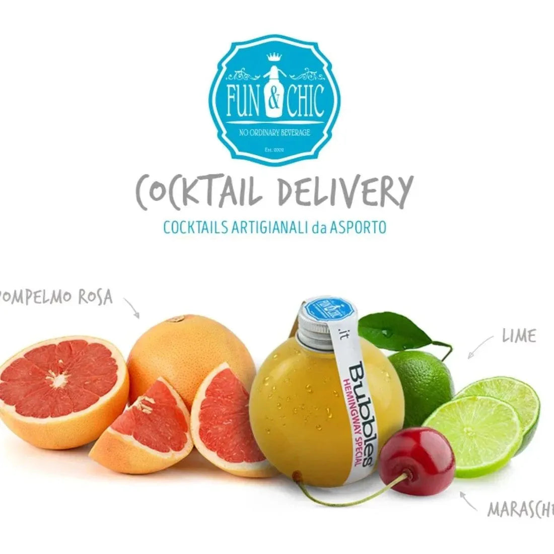 Il listino Cocktail Delivery di Fun & Chic: la bottiglia sferica fra pompelmo, lime e maraschino