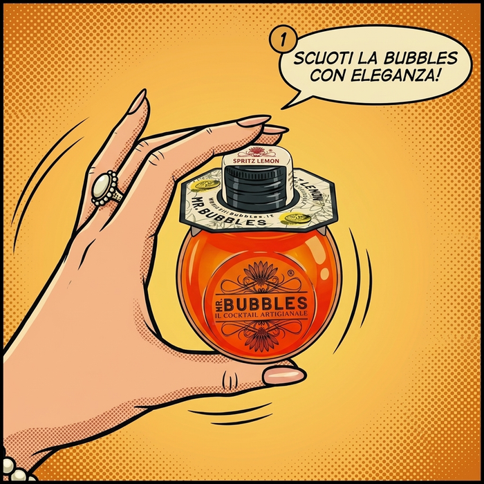 1. Una mano scuote la bottiglia Mr. Bubbles