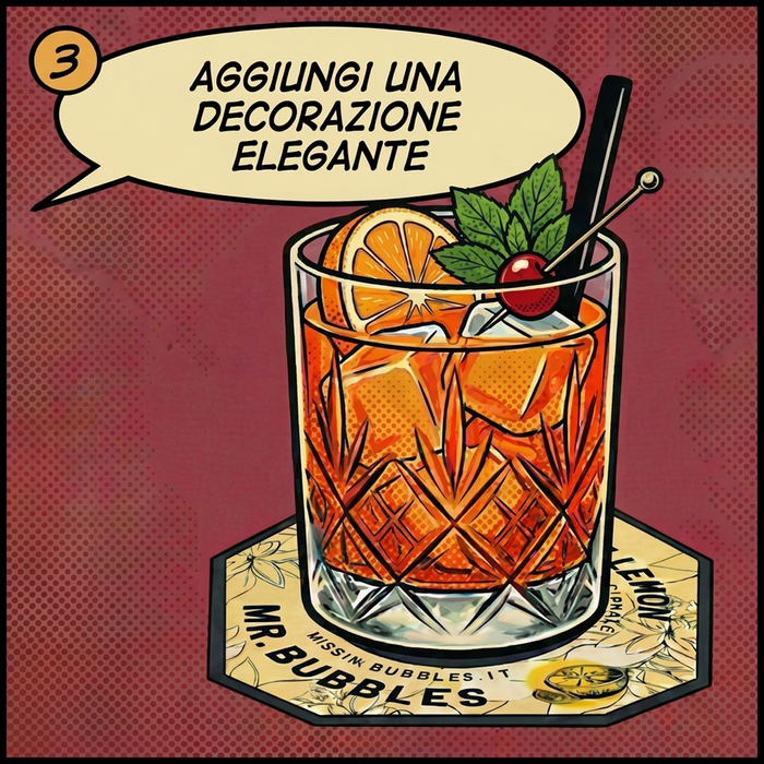 3. Il cocktail versato nel bicchiere con arancia, menta e ciliegia